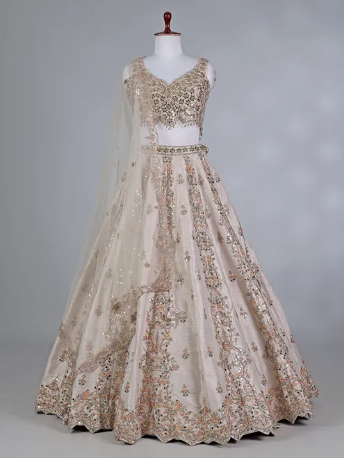 Beige raw silk lehenga choli with sequins shine