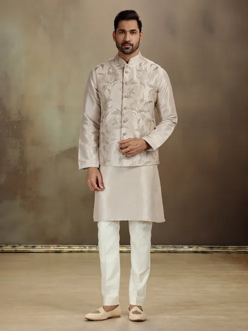 Beige raw silk sequin waistcoat set for men