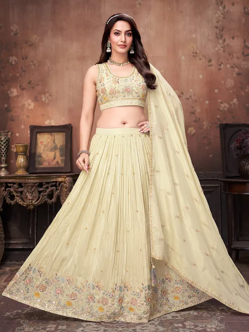 Beige reception silk lehenga choli with resham and sequins