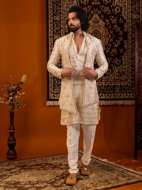 Beige reception wear indowestern set for men