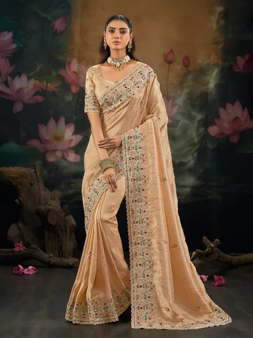 Beige reception wear pure kanjivaram saree
