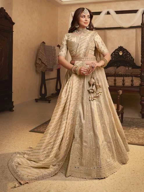 Beige royal swarovski embroidery unstitched lehenga choli
