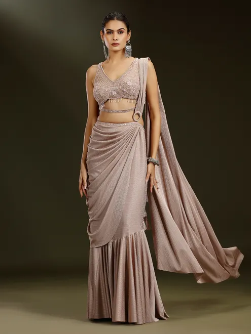 Beige satin lycra designer lehenga choli with attached dupatta