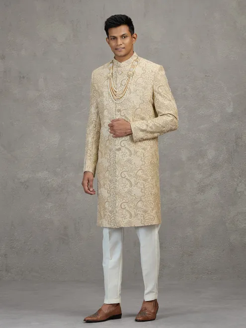 Beige satin silk groom sherwani for mens