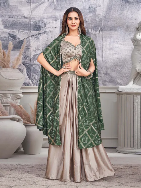 Beige satin silk lehenga choli with printed shrug