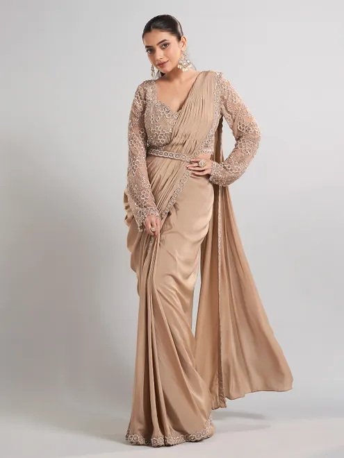 Beige satin silk party wear saree with luxurious embellishments