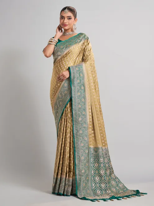 Beige satin silk saree with contrasting border for wedding wear