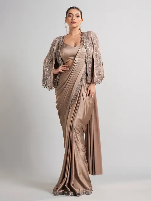 Beige satin silk saree with designer jacket style blouse