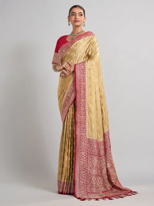 Beige satin silk saree with gota and zardosi accents