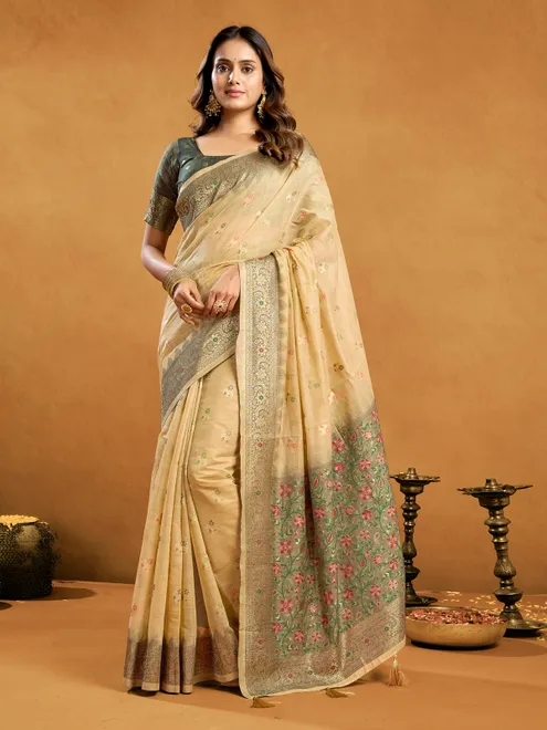 Beige semi cotton saree for graceful festive looks