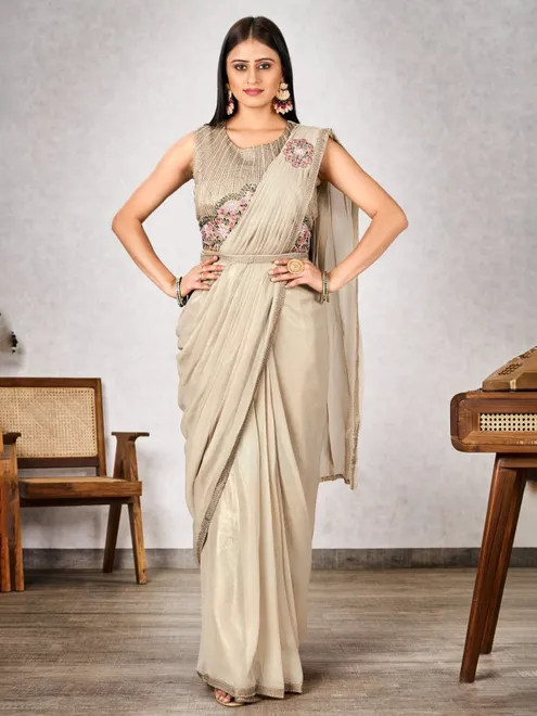 Beige shimmer georgette redy to wear saree