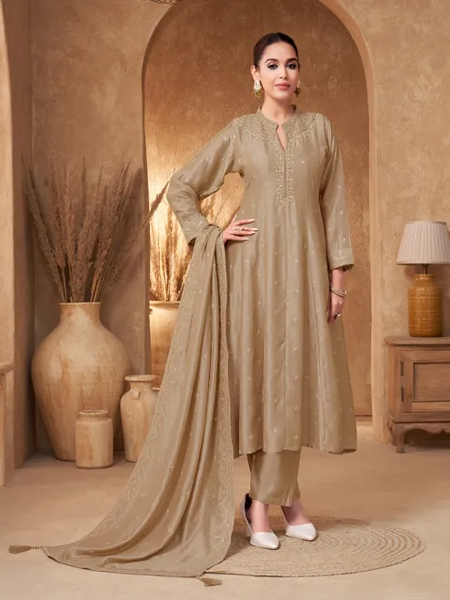 Beige silk collar neck zardosi salwar suit
