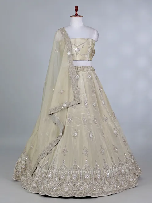 Beige silk cutdana and sequins bridal lehenga choli