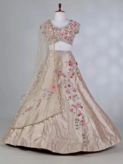 Beige silk designer lehenga choli with zardosi work