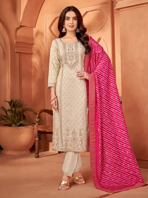 Beige silk diamond work straight cut salwar suit