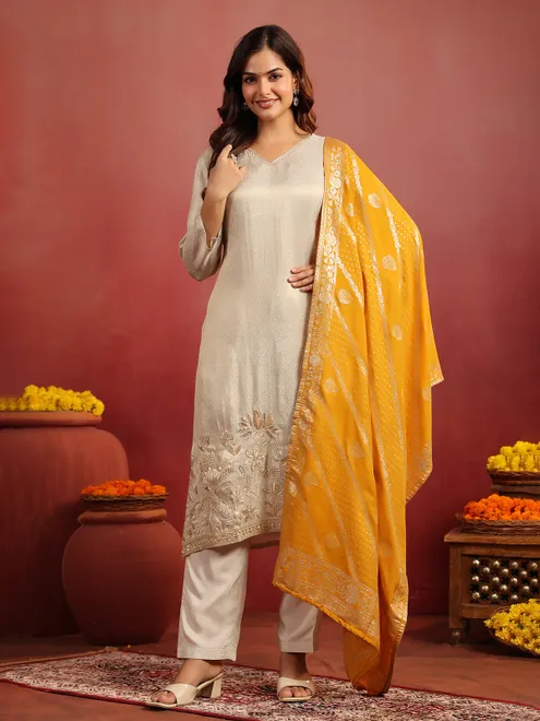 Beige silk embellished straight kurti set