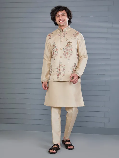 Beige silk embroidered festive waistcoat set