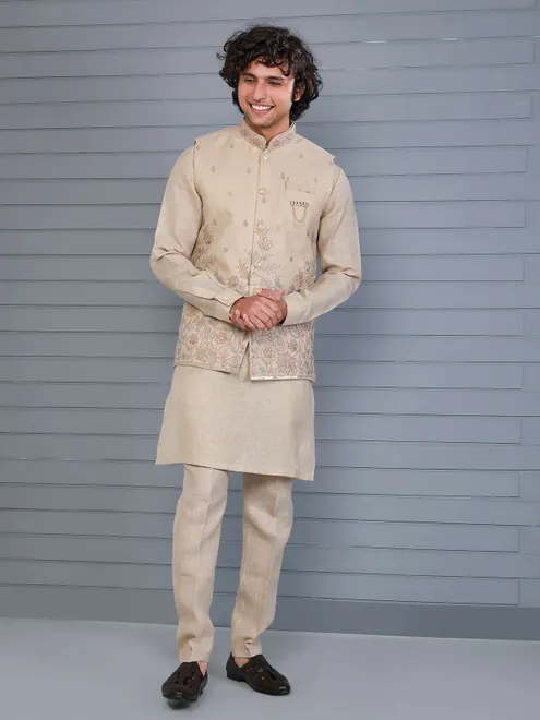 Beige silk embroidered wedding waistcoat set