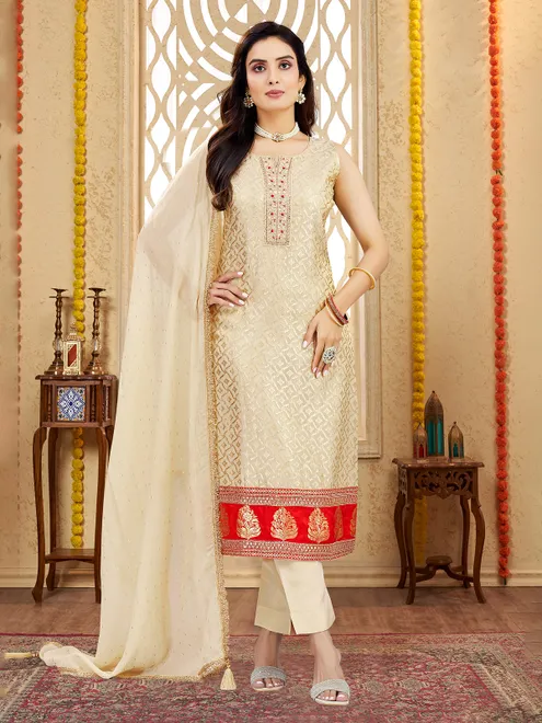 Beige silk festival wear salwar suit for women