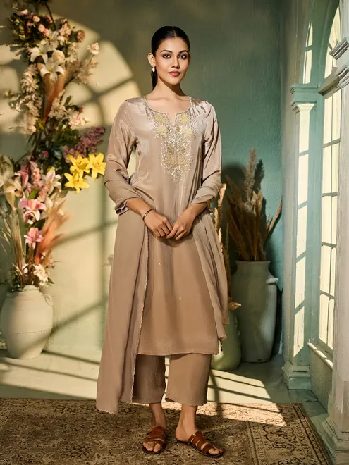 Beige silk festive wear kurti set with dupatta