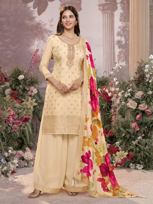 Beige silk festive wear salwar suit for women
