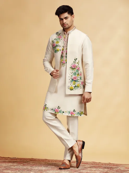 Beige silk hand printed waistcoat set for men
