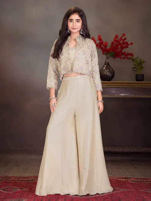 Beige silk jacket style palazzo ensemble