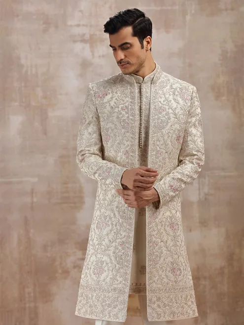 Beige silk jacket-style sherwani for men