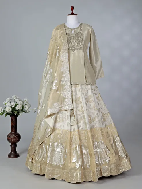 Beige silk keyhole neck lehenga choli with dupatta