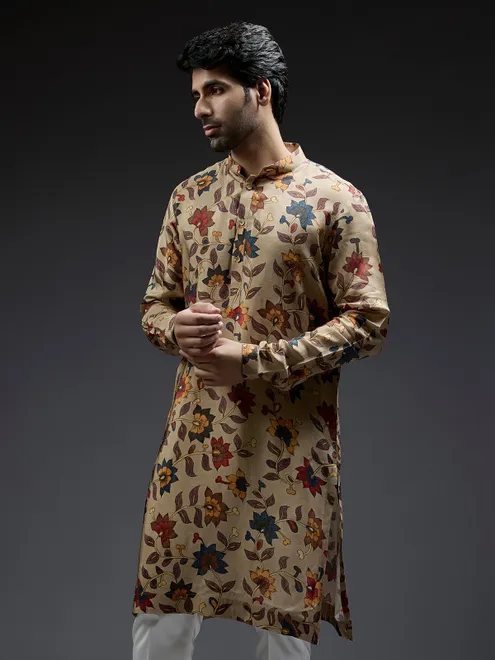 Beige silk kurta suit in pataudi print for men