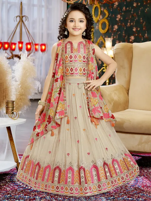 Beige silk lehenga choli with shrug