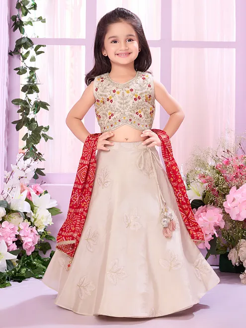 Beige silk lehenga choli with zardosi detailing