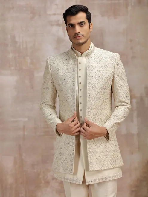 Beige silk men indowestern set set with thread work