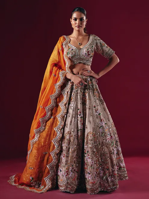 Beige silk mirror and diamond lehenga choli