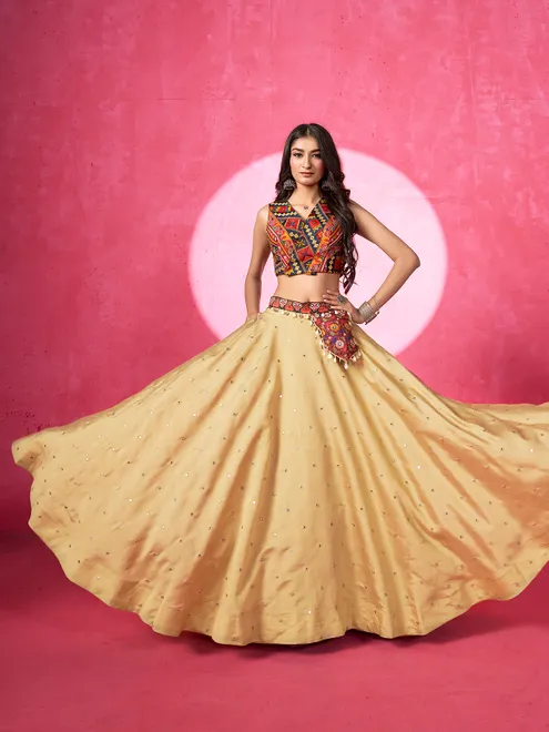 Beige silk navratri lehenga choli with V neck choli