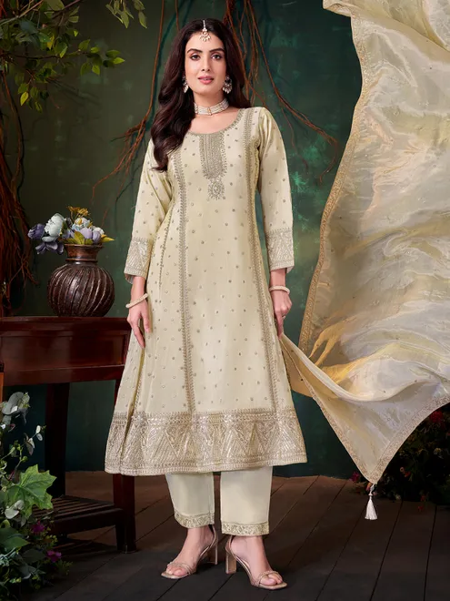 Beige silk pakistani pant salwar suit with diamonds