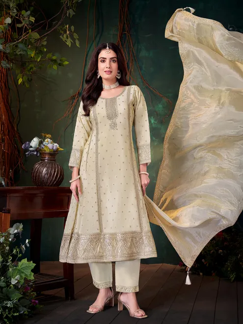 Beige silk pakistani pant salwar suit with diamonds