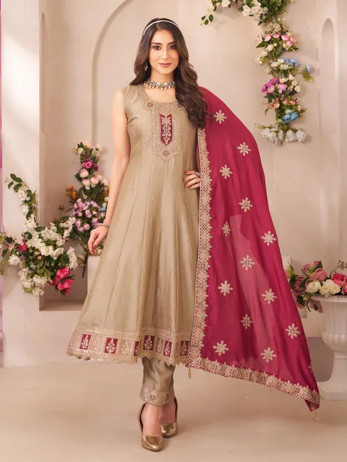 Beige silk pakistani style anarkali suit with contrast dupatta