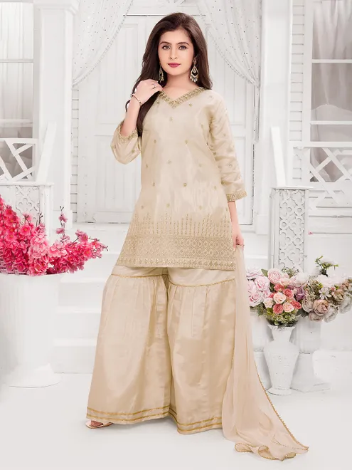 Beige silk pakistani style sharara suit with dupatta