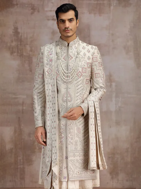 Beige silk peshwa-style sherwani with dupatta