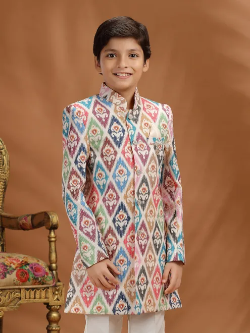 Beige silk printed boys indo western ensemble