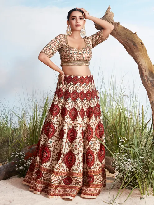 Beige silk printed lehenga choli for wedding wear