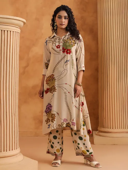 Beige silk printed palazzo kurti set with collar neck