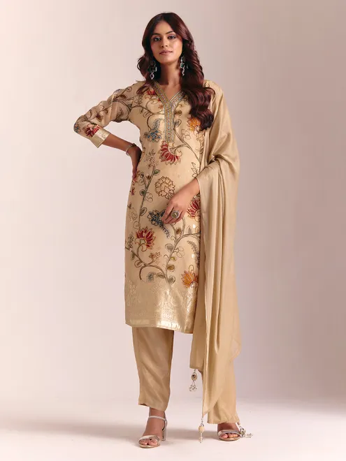 Beige silk printed salwar suit with elegant handwork