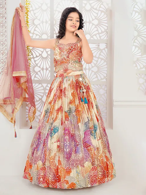 Beige silk printed zardosi and mirror work lehenga choli with dupatta