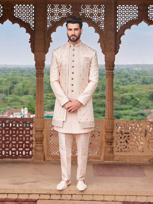 Peach silk reception indowestern