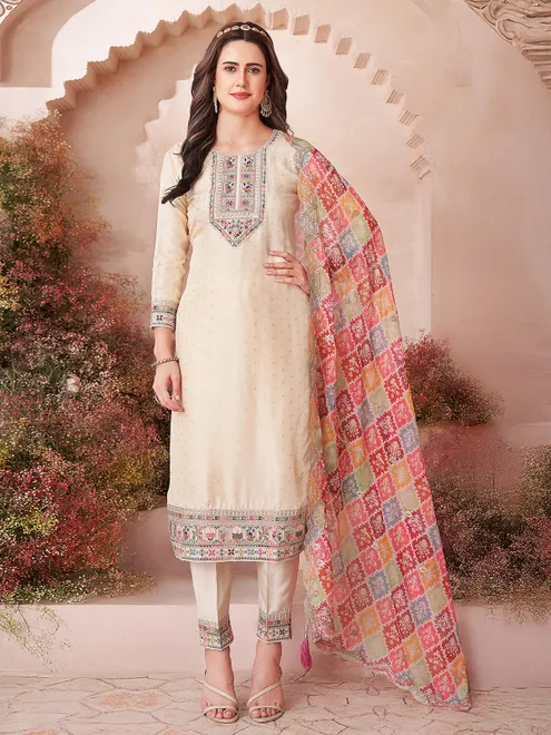 Beige silk salwar suit with multicolor dupatta
