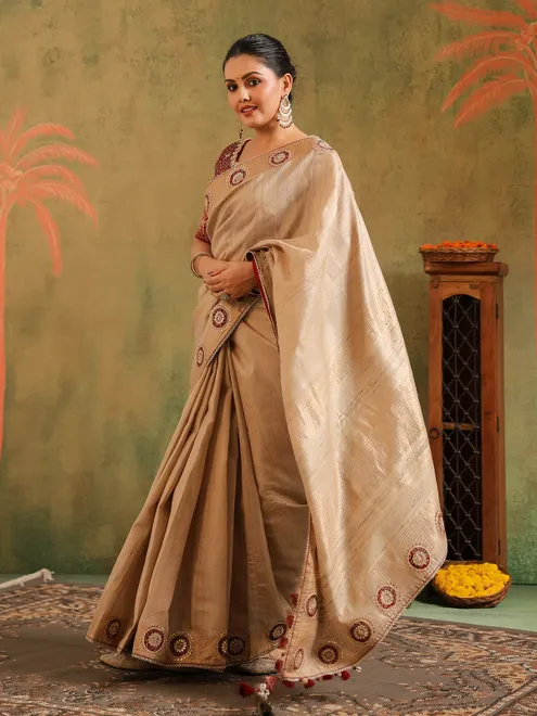 Beige silk saree for feativals