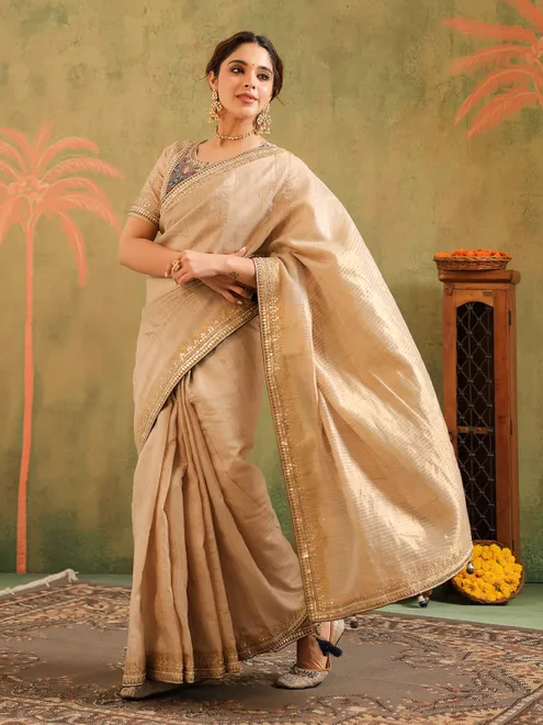 Beige silk saree with gota work