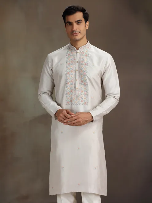 Beige silk sequined work kurta suit for festive